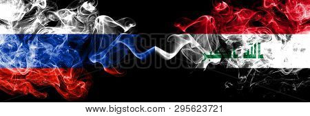 Russian Vs Iraq, Iraqi Smoke Flags Placed Side By Side. Thick Colored Silky Smoke Flags Of Russia An