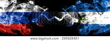 Russian Vs Nicaragua, Nicaraguan Smoke Flags Placed Side By Side. Thick Colored Silky Smoke Flags Of