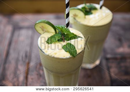 Morning Breakfast Smoothie Drink Made Of Super Foods, Fruits, Mint. Healthy Food Concept.