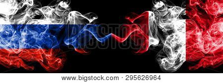 Russian Vs Peru, Peruan Smoke Flags Placed Side By Side. Thick Colored Silky Smoke Flags Of Russia A