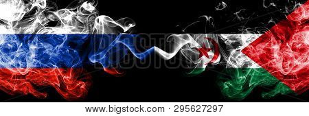Russian Vs Sahrawi Smoke Flags Placed Side By Side. Thick Colored Silky Smoke Flags Of Russia And Sa