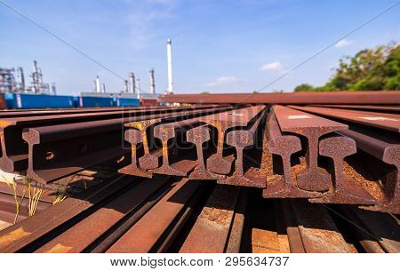 Metal Frame H Beam Or Beam In Red Orange Color At Construction Site.