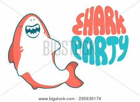 Shark Vector Cartoon Seafish, Cute Smiles And Waves Fin In Kawaii Style Illustration And Lettering S