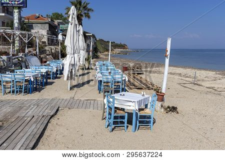 Nea Fokea, Kassandra,  Greece - March 31, 2019: Panorama Of Town Of Nea Fokea, Kassandra, Chalkidiki