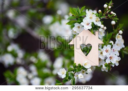 Closeup Wooden House With Hole In Form Of Heart Surrounded By White Flowering Branches Of Spring Tre
