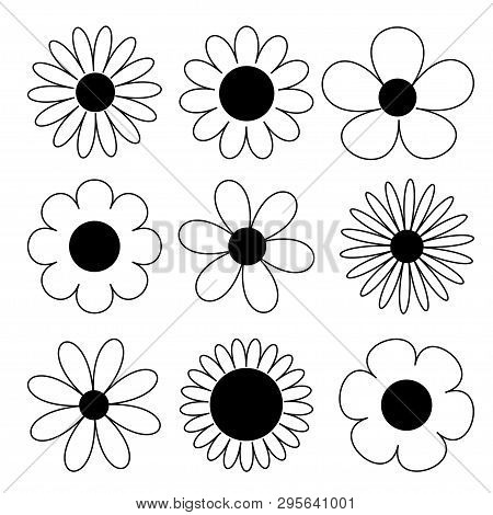 Camomile Big Set. Daisy Chamomile Line Silhouette Icon. Camomile Big Set. Cute Round Flower Head Pla