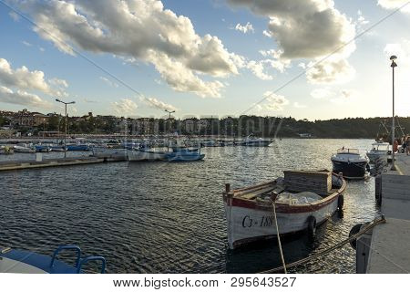 Chernomorets, Bulgaria - August 11, 2018:  Amazing Sunset Seascape Of Port Of Chernomorets, Burgas R