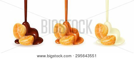 Tangerine Slices In Pouring Melted Chocolate Glaze. Mandarin Peeled Segments Covered With Liquid Dar