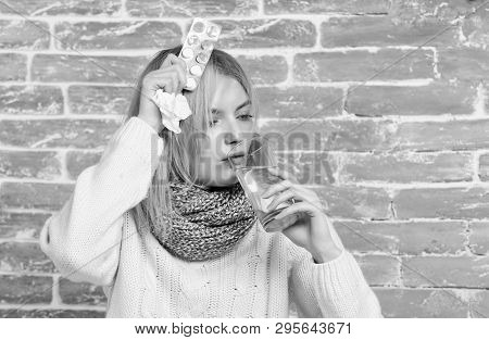 Take Medications To Reduce Fever. What To Know About Breaking Fever. Woman Tousled Hair Scarf Hold G