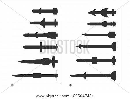Set Of Silhouette Missiles For Fighter Aircraft Is Isolated On A White Background. The Set Of Rocket