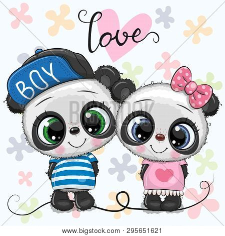 Two Cute Cartoon Pandas On A Flowers Background