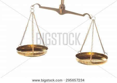 Justice Law Judge Brass Balance Scales On White Background. Close Up Image