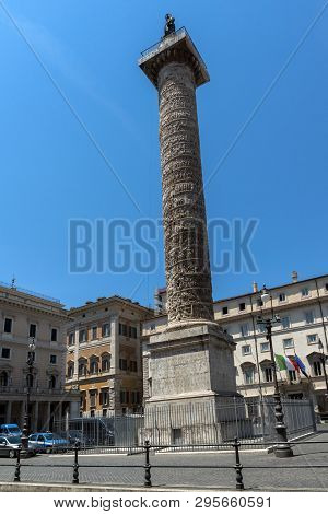 Rome, Italy - June 23, 2017: Amazing View Of Marcus Aurelius Column In Front Of Palazzo Chigi In Cit
