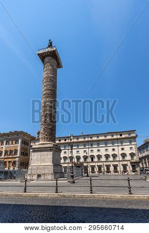 Rome, Italy - June 23, 2017: Amazing View Of Marcus Aurelius Column In Front Of Palazzo Chigi In Cit
