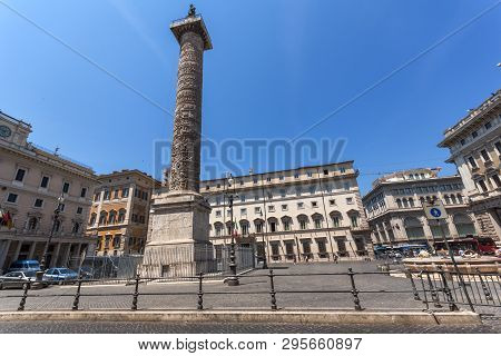Rome, Italy - June 23, 2017: Amazing View Of Marcus Aurelius Column In Front Of Palazzo Chigi In Cit