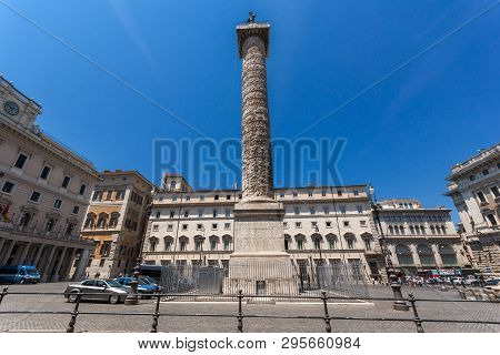 Rome, Italy - June 23, 2017: Amazing View Of Marcus Aurelius Column In Front Of Palazzo Chigi In Cit