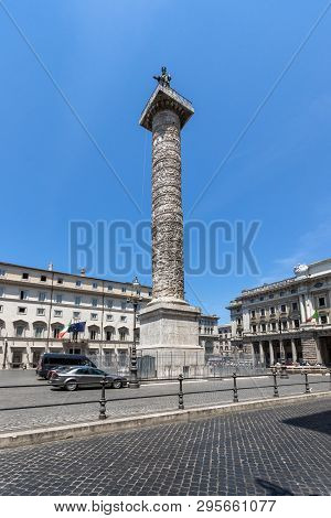 Rome, Italy - June 23, 2017: Amazing View Of Marcus Aurelius Column In Front Of Palazzo Chigi In Cit