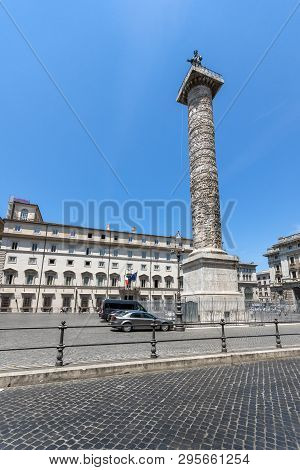 Rome, Italy - June 23, 2017: Amazing View Of Marcus Aurelius Column In Front Of Palazzo Chigi In Cit