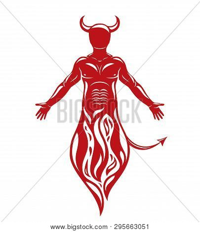 Vector Human Being Standing In Flame. Mystic Infernal Horned Satan, Evil Spirit.