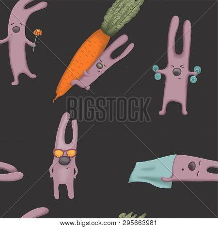 Seamless Pattern Cartoon Hares On A Black Background