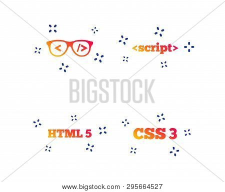 Programmer Coder Glasses Icon. Html5 Markup Language And Css3 Cascading Style Sheets Sign Symbols. R