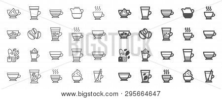 Coffee Types And Tea Icons. Set Of Latte, Frappe And Cappuccino Icons. Espresso, Doppio And Cafe Cre