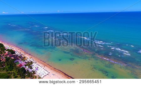Aerial View Of Arraial Dajuda Beach, Porto Seguro, Bahia, Brazil. Beauty Landscape With Several Palm