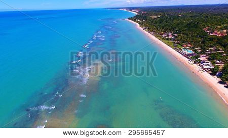 Aerial View Of Arraial Dajuda Beach, Porto Seguro, Bahia, Brazil. Beauty Landscape With Several Palm
