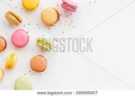 Brignt Macarons For Sweet Break On White Background Top View Mock Up