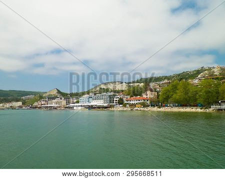 View On Marina And Coast Of Balchik, Bulgaria. Stormy Weather Over Black Sea Coast, Traveling And Na