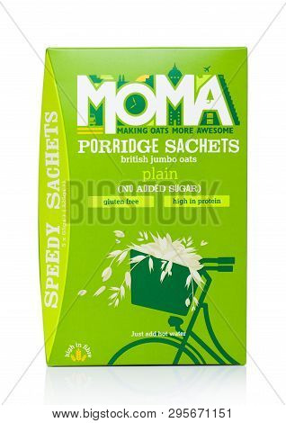 London, Uk - April 15, 2019: Box Of Moma Porridge With No Added Sugar And Gluten Free On White Backg