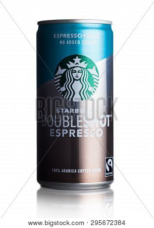 London, Uk - April 15, 2019: Aluminium Can Of Starbucks Doubleshot Espresso Coffee On White