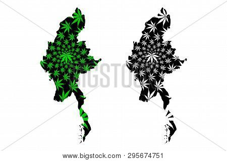 Myanmar - Map Is Designed Cannabis Leaf Green And Black, Republic Of The Union Of Myanmar (burma) Ma