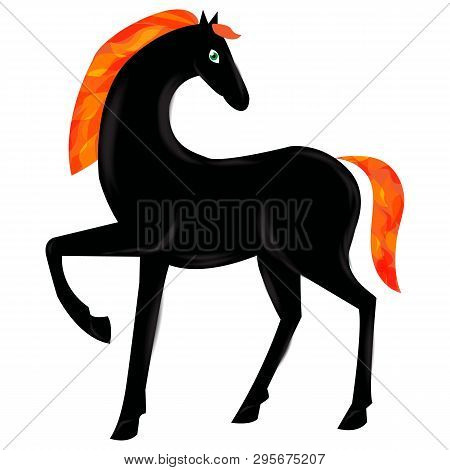 Black Handsome Horse With Fiery Mane And Fiery Tail, Magic Horse From A Fairy Tale, Vector Illustrat