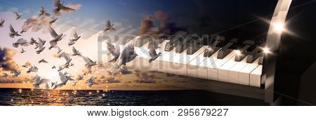 Evangelical Christian Music Concept Background. Musical Design With Piano And Sunset Landscape With 