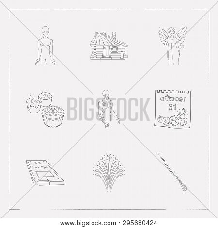Set Of Halloween Icons Line Style Symbols With Tombstone, Small Hut, Witch Broom And Other Icons For