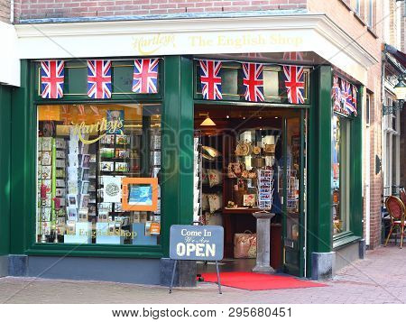 Arnhem, Netherlands - March 30, 2019: An English Shop In The Ancient Touristic Center Of Arnhem
