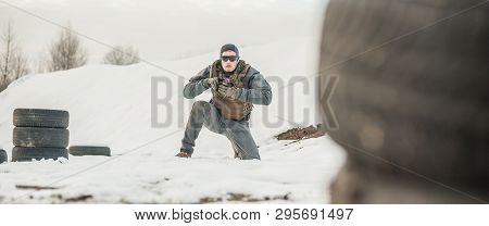 Crouching Position Military Special Forces Soldier Have Combat Shooting Training
