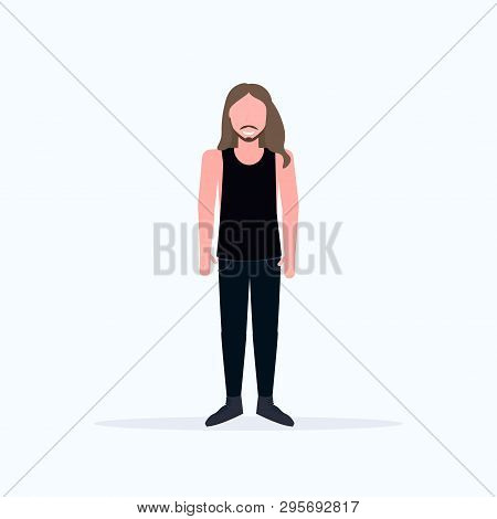 Happy Long Haired Man Standing Pose Smiling Guy Wearing Trendy Clothes Male Cartoon Character Full L