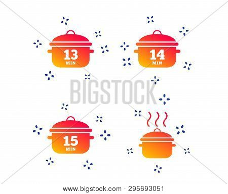 Cooking Pan Icons. Boil 13, 14 And 15 Minutes Signs. Stew Food Symbol. Random Dynamic Shapes. Gradie