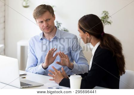Millennial Businessman Rejecting Giving Interview To Journalist