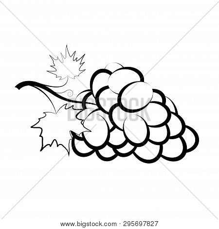 Bunch Of Grapes With Leaves Lying On The Table. Black And White Image. Wine Logo Or Emblem.