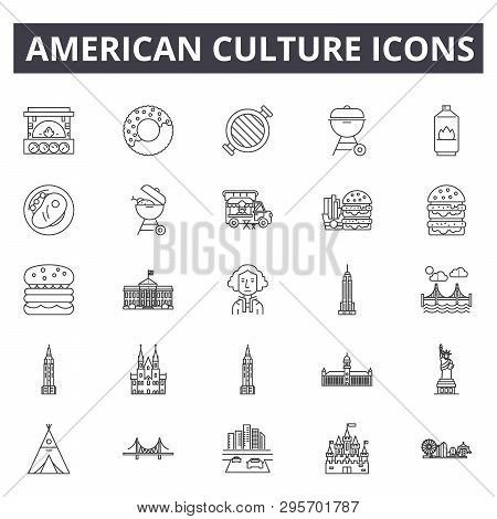 American Culture Line Icons, Signs Set, Vector. American Culture Outline Concept, Illustration: Amer