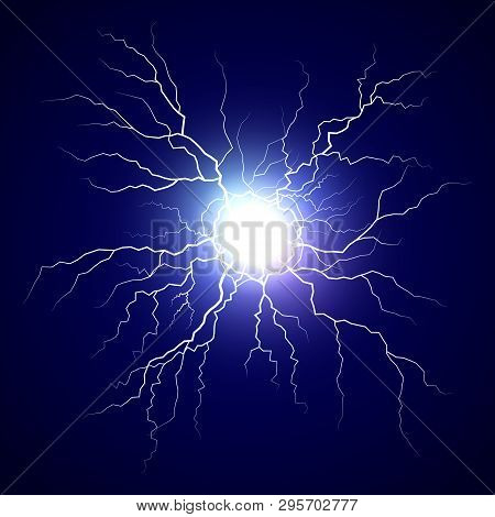 Plasma Bolt. Fireball On Dark Background. Thunder Storm Flash Light. Realistic Electricity Lightning