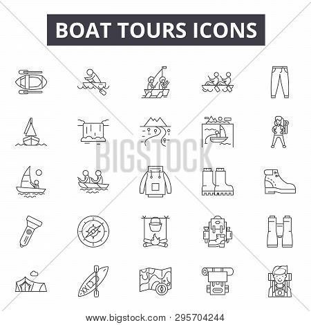 Boat Tours Line Icons, Signs Set, Vector. Boat Tours Outline Concept, Illustration: Travel, Boat, To