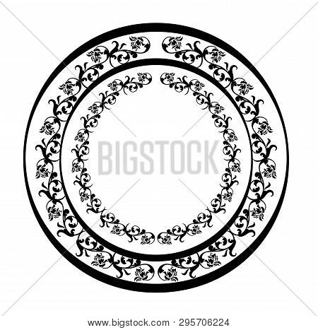 Sircle Frame Of Rose Flowers - Black And White Round Floral Wreath Vector Decor