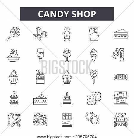 Candy Shop Line Icons, Signs Set, Vector. Candy Shop Outline Concept, Illustration: Candy, Shop, Foo