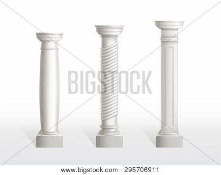 Antique Columns Set Isolated On White Background. Ancient Classic Pillars Of Roman Or Greece Archite