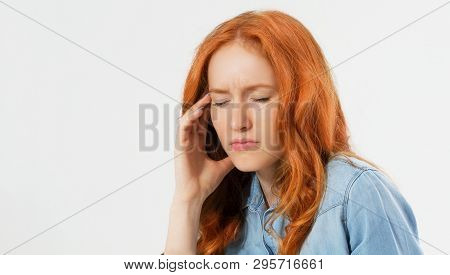 Young Hopeless Red Hair Woman Suffering From Depression Having Nervous Breakdown Holding Her Head On