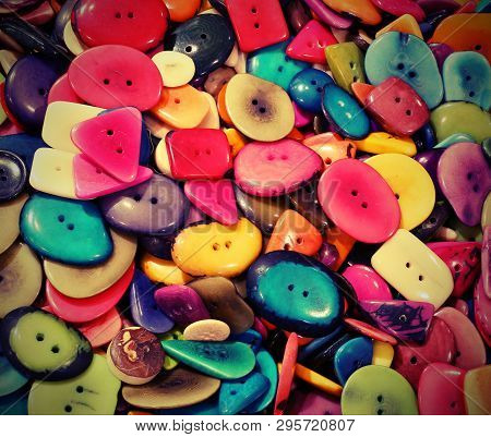 Colorful Buttons In The Ethnic Shop Made With Vegetable Ivory  With Old Toned Effect